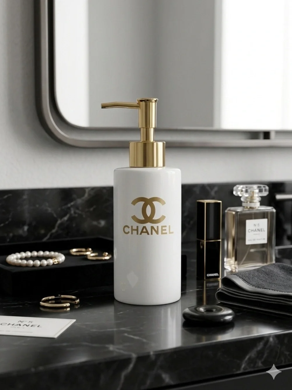 White Ceramic Glass Liquid Dispenser with Gold Pump and Gold Logo